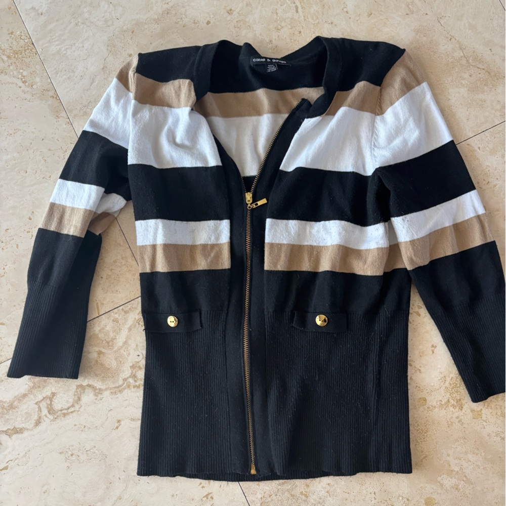 Cable & Gauge Black, White & Tan Striped Zip Sweater